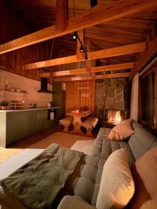 a living room with a couch and a fireplace at Villa Kelo - Casual Luxury in Lapland, Salla in Salla