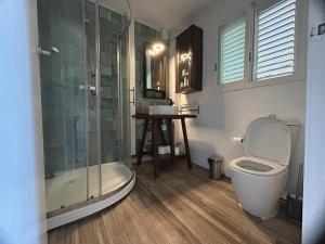 a bathroom with a toilet and a shower and a sink at Casa Fritz in Llagostera +35 photos