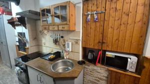a small kitchen with a sink and a microwave at U Čertovy brázdy in Sázava