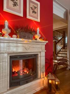 a fireplace in a living room with a red wall at Rezydencja Florina in Rogóźno +33 photos