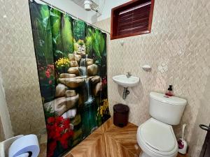 UbaláにあるCabañas La Campiña Ubaláのバスルーム(トイレ付)が備わります。壁に絵画が飾られています。 +103枚の写真
