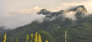 a mountain covered in fog and clouds with trees at Ninive Homestay in Nu Chid +3 photos