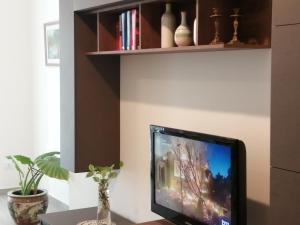 ein Fernseher auf einem Tisch mit einem Regal in der Unterkunft Suite Petit in Vairano Scalo