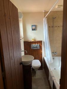 a bathroom with a toilet and a tub and a sink at Calypso Historic Village House in Limassol