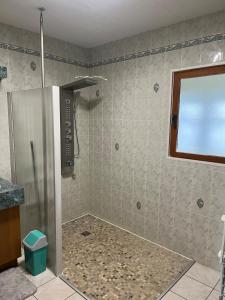 a shower in a bathroom with a glass door at Maison de campagne Lac de Vouglans in Onoz +9 photos