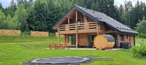 een blokhut met een picknicktafel en een grill bij Trahütti Premium Lodges in Trahütten