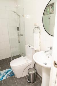 a bathroom with a toilet and a sink and a mirror at La Isla Royal - Pool Side Suite in Miches