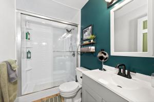 a bathroom with a toilet and a sink and a shower at King Bed, Walk or Bike to town, EV, Pets OK in Ellicottville