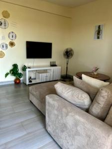 a living room with a couch and a flat screen tv at Kisumu Airview Homestay in Kisumu