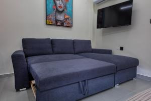 a blue couch in a living room with a tv at Aristotelous rooms Nikol in Thessaloniki
