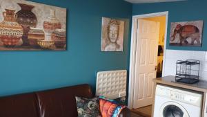 a living room with a washing machine and a blue wall at Chalet with hot tub room in Clanfield +24 photos