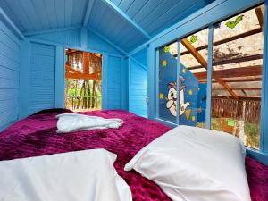 a blue bedroom with a bed with purple sheets and a window at Furgão Ghost - Vila Mágica in Bueno Brandão +22 photos