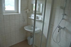 a bathroom with a sink and a shower at Haus Doppler in Sankt Michael im Lungau