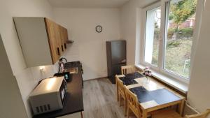 a small kitchen with a table and a microwave at Apartmán V Kraslicích pro 4 osoby, Pohraniční stráže in Kraslice