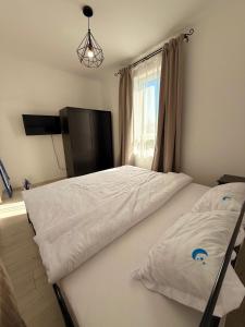 a bedroom with two beds in front of a window at Cleo Residence 3 Ghiroda in Ghiroda