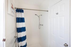 ein Bad mit einer Dusche mit einem blauen und weißen Duschvorhang in der Unterkunft B07 5 min from beach studio in Miami + 13 Fotos