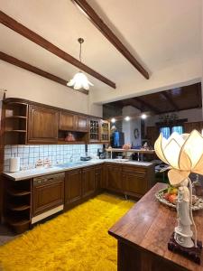 a large kitchen with wooden cabinets and a yellow rug at Lydias house II in Arachova