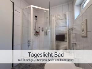 a bathroom with a shower with a glass door at Germersheimer Rhein-Quartier in Germersheim