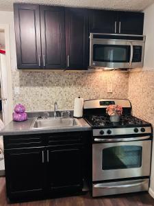 a kitchen with a stove and a sink and a microwave at The Layover Lounge in Elizabeth