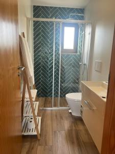 a bathroom with a shower and a toilet and a sink at Vila Lira in Aljezur +72 photos