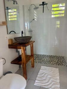 a bathroom with a sink and a shower at Mango-passion Le Domaine Mannou in Sainte-Rose