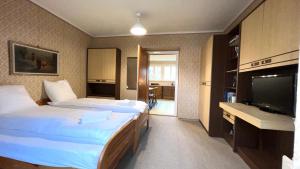 Una habitación de hotel con dos camas y un televisor de pantalla plana. en Becci Apartment-Free Parking, en Kapfenberg