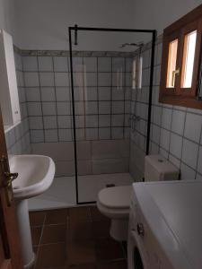 a bathroom with a shower and a toilet and a sink at Casa Paulonia in Las Negras