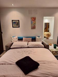 a bedroom with a large bed with a black pillow on it at Domaine au Grès des Pierres in Flexbourg
