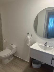 プンタ・カナにあるSwim-Up Paradise, Private Beach Luxury Punta Canaのトイレ、洗面台、鏡のあるバスルーム