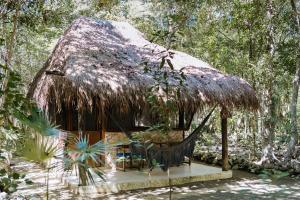 a hut with a thatched roof in the woods at Cavelands become one with nature in Cedro