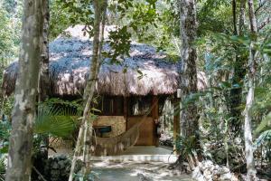 a cabin in the woods with a thatch roof at Cavelands become one with nature in Cedro