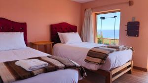 two beds in a room with a window at Titicaca Lodge Amantani in Amantani