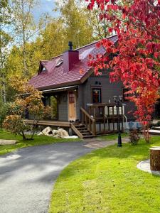 a house with a purple roof and a driveway at Best Day Ever Furano Lodges in Furano