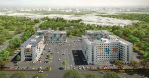 a rendering of three buildings in a parking lot at Iskandar SmartStay in Kampong Bota Road