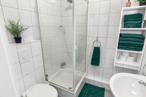 Un baño con ducha, inodoro y lavabo. en NEU Ruhige und gemütliche Wohnung mit Balkon, en Hagen 9 fotos más