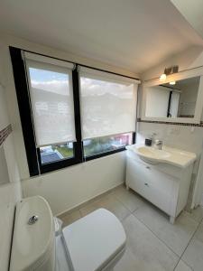 a bathroom with a toilet and a sink and window at Wow! Ushuaia Apartments in Ushuaia +42 photos