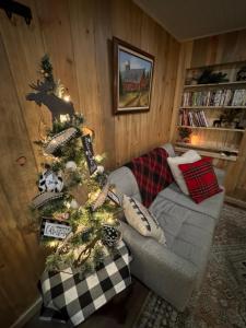 a living room with a christmas tree and a couch at L'il Finch at Mount Rainier in Ashford +13 photos