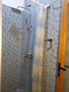 Appartement entré personnelle de 2 chambres salons à fidjrossè cotonou في كوتونو: دش مع ستارة دش في الحمام
