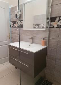 a bathroom with a sink and a shower at T3 Serenity aux couleurs du soleil à Ducos in Ducos