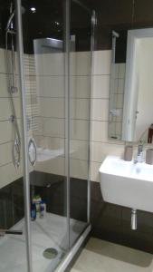 a bathroom with a glass shower and a sink at Alloggio Turistico Castel di Leva in Castel di Leva