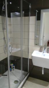 un bagno con doccia in vetro e lavandino di Alloggio Turistico Castel di Leva a Castel di Leva