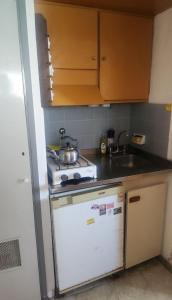 een kleine keuken met een fornuis en een spoelbak bij Miramar Vista al Mar in Miramar