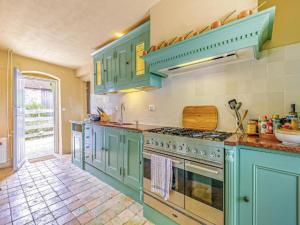 a kitchen with green cabinets and a stove at Spacious chateau with garden in the Loire Valley in Palluau-sur-Indre