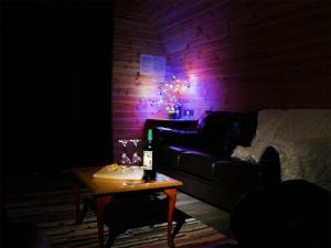 a dark living room with a couch and a table at Creyr Glas Pod -Uk41796 in Hirnant