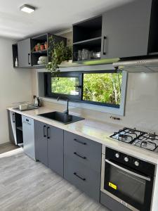 a kitchen with a sink and a stove at Monolito, Pucón - Vista la lago y spa in El Cerrillo