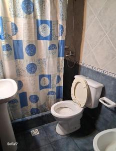 Un baño con inodoro y cortina de ducha. en Dúplex Sofía, en San Clemente del Tuyú