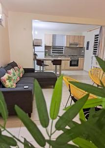 a living room with a couch and a kitchen at T3 Serenity aux couleurs du soleil à Ducos in Ducos