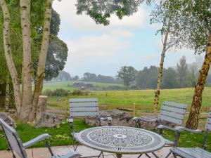a table and chairs with a view of a field at Llety'r Saer in Pen-y-bont-fawr