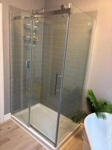 une douche avec une porte vitrée dans une salle de bain dans l'établissement 4 Bedrrom Downtown Gem, Modern, Comfort, Fireplace, Huge Backyard, Steps to Lake and Broadwalk, à Temiskaming Shores 37 autres photos