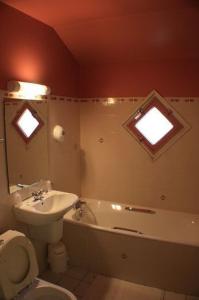 ein Badezimmer mit einem Waschbecken, einem WC und einer Badewanne in der Unterkunft Hôtel Les Vignes Rouges in Ispagnac